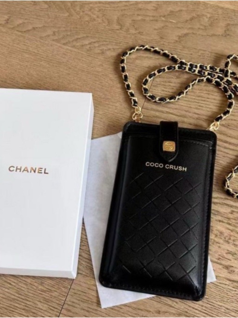 CHANEL Black Coco Crush Quilted Leather Phone Crossbody with Gold Chain